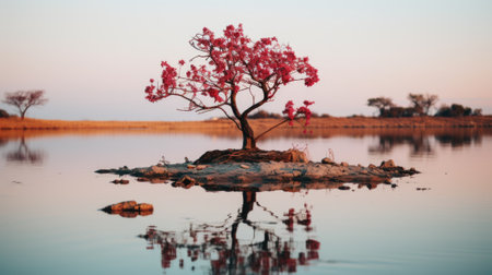 A lone tree in the middle of a lake. Generative AI image.の素材