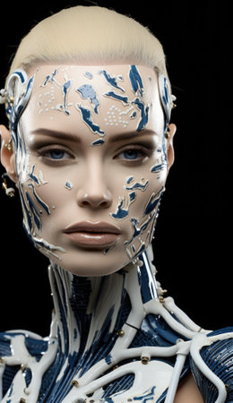 A woman with blue and white skin and a robot face. Generative AI image.の素材