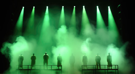 A group of people standing on stage with green lights. Generative AI image.の素材