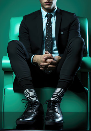 A man sitting on a green chair. Generative AI image.の素材