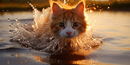 A cat is splashing in the water at sunset. Generative AI image.の素材