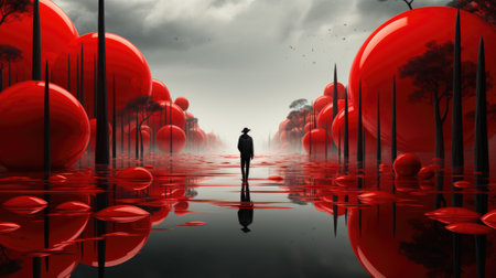 A man stands in front of red spheres in a forest. Generative AI image.の素材