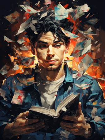 A man reading a book surrounded by paper. Generative AI image.の素材