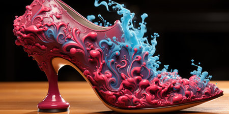 A shoe with a splash of blue and pink paint. Generative AI image.の素材