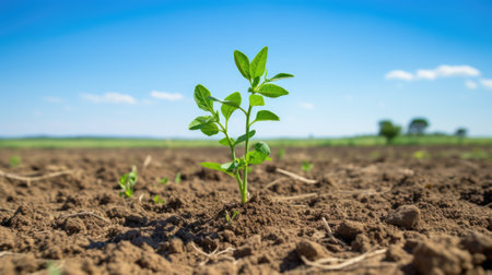 A young plant sprouting from the ground in a field. Generative AI image.の素材