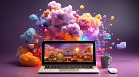 A simplyfied generic laptop computer with colorful smoke and clouds. Generative AI image.の素材