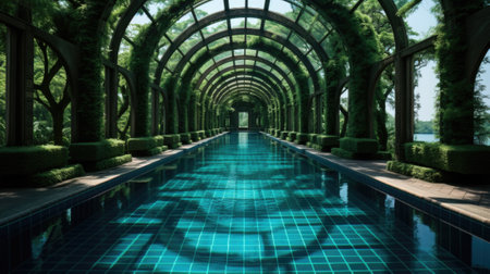 A long pool in a garden with trees. Generative AI image.の素材