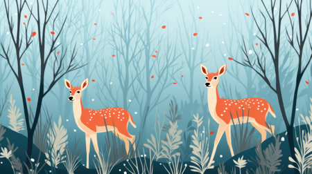 A couple of deer standing next to each other in a forest. Generative AI image.の素材