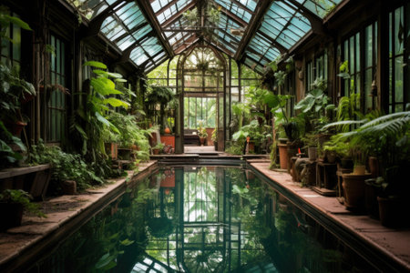 A pool inside of a glass walled building. Generative AI image.の素材