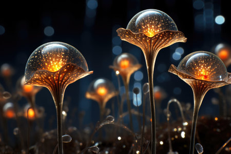 A group of glowing flowers in a field. Generative AI image.の素材