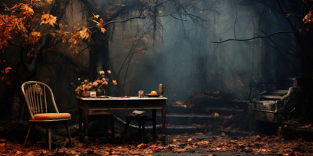A table and chairs in a dark forest. Generative AI image.の素材
