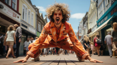 A man dressed in an orange outfit doing a handstand pose. Generative AI image.の素材