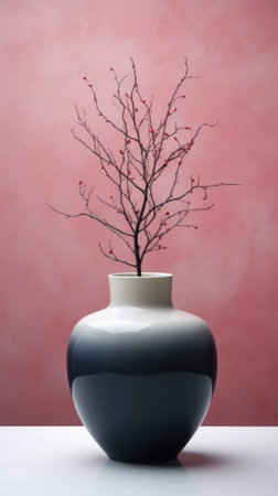 A black and white vase with a tree in it. Generative AI image.の素材