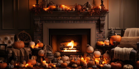 A fireplace with candles and pumpkins in front of it. Generative AI image.の素材