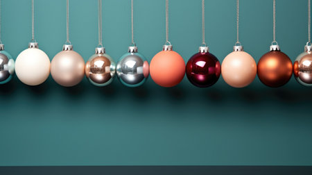 A row of christmas ornaments hanging from a green wall. Generative AI image.の素材