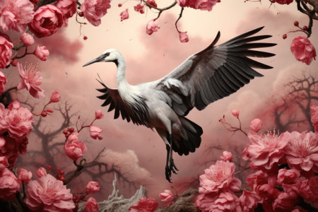 A large bird flying through a pink flower filled sky. Generative AI image.の素材