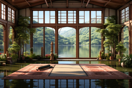 A room with a large window and a rug on the floor. Generative AI image.の素材