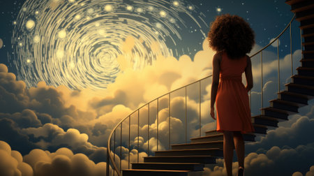 A woman in a red dress is standing on a spiral staircase. Generative AI image.の素材