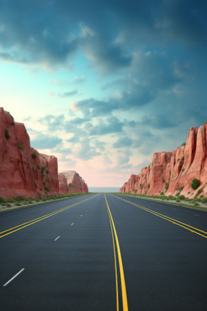 An empty road in the middle of a desert. Generative AI image.の素材