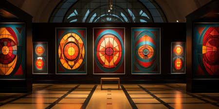 A room filled with lots of colorful stained glass. Generative AI image.の素材