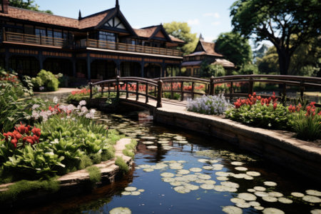 A bridge over a small pond in front of a house. Generative AI image.の素材