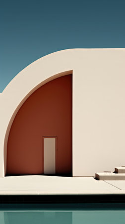 A white building with a red door next to a pool. Generative AI image.の素材