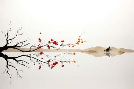 A bird is sitting on a branch of a tree. Generative AI image.の素材