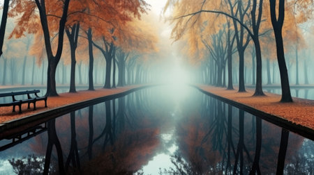 A park bench sitting next to a body of water. Generative AI image.の素材