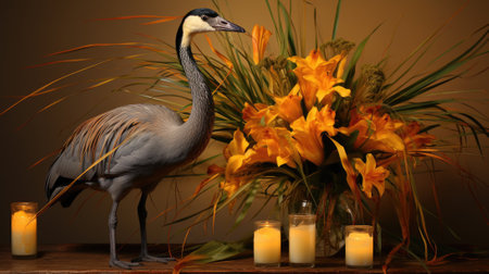 A bird standing next to a vase of flowers and candles. Generative AI image.の素材
