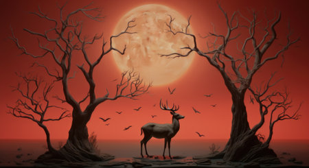 A deer standing in front of a full moon. Generative AI image.の素材