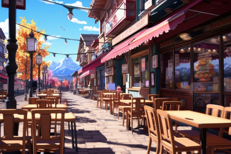 A street scene with tables and chairs on the sidewalk. Generative AI image.の素材