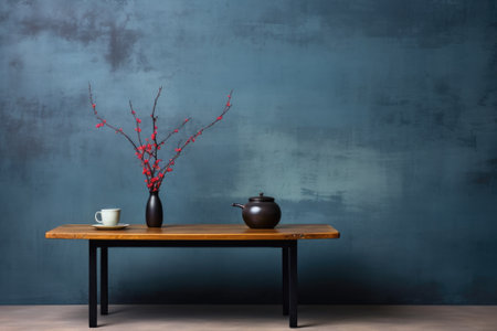 A table with a vase and a cup on it. Generative AI image.の素材