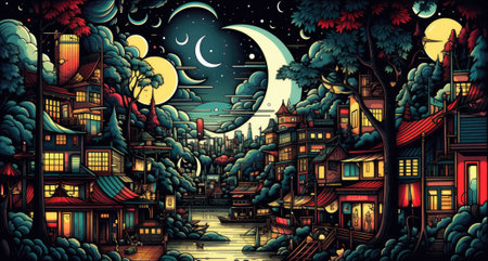 A painting of a night scene with a full moon. Generative AI image.の素材