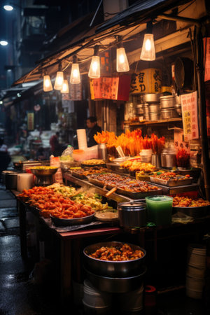 A food stand with a variety of chinese asian street food on it. Generative AI image.の素材