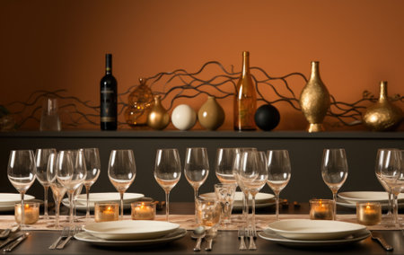 A table set with wine glasses, plates and silverware. Generative AI image.の素材