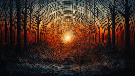 The sun is setting in the middle of a forest. Generative AI image.の素材