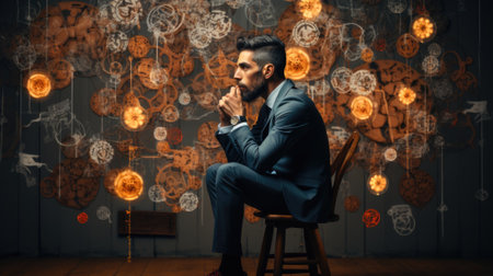 A man in a suit sitting on a chair. Generative AI image.の素材