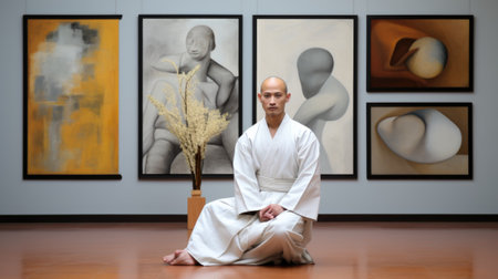 A man in a white robe sitting on the floor. Generative AI image.の素材