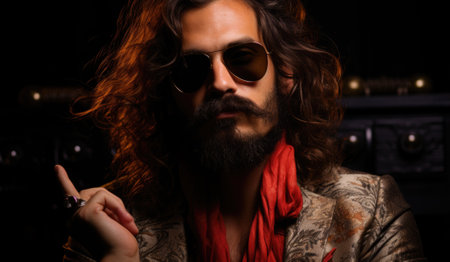 A man with long hair wearing sunglasses and a red scarf. Generative AI image.の素材