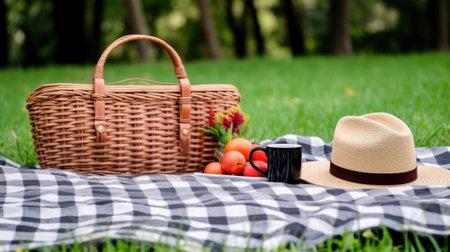 A picnic basket with tomatoes, a straw hat, and a coffee mug. Generative AI image.の素材