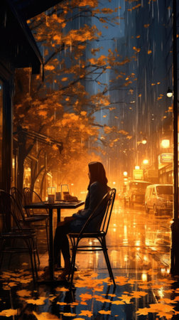 A woman sitting at a table in the rain. Generative AI image.の素材