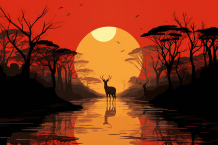 A deer standing in the middle of a river at sunset. Generative AI image.の素材
