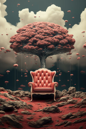 A red chair sitting in front of a tree. Generative AI image.の素材