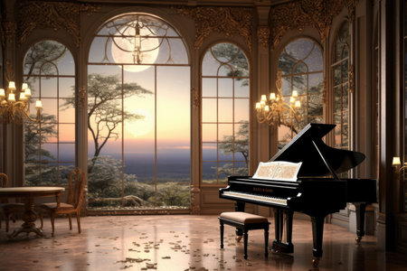 A grand piano in a room with a view of the ocean. Generative AI image.の素材