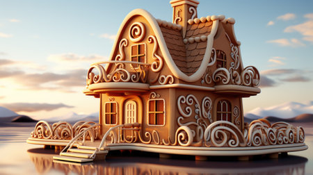 A ginger house on a lake with a sky background. Generative AI image.の素材