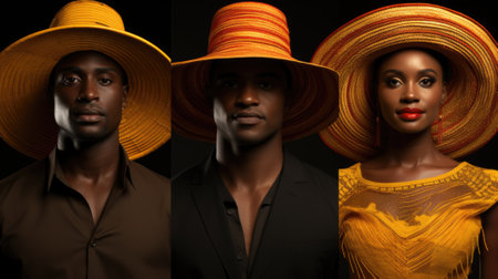 A man and a woman wearing large hats. Generative AI image.の素材
