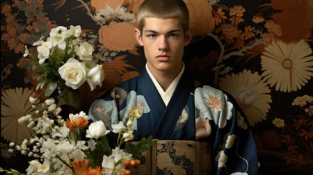 A man in a kimono standing next to a vase of flowers. Generative AI image.の素材