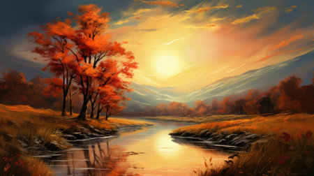 A painting of a sunset over a river. Generative AI image.の素材