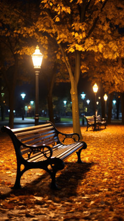 A park bench sitting in the middle of a leaf covered park. Generative AI image.の素材