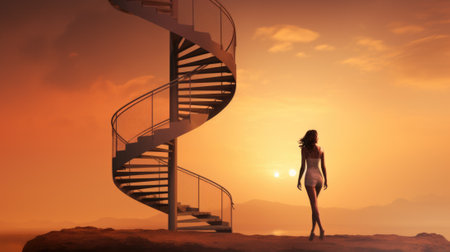 A woman standing in front of a spiral staircase. Generative AI image.の素材